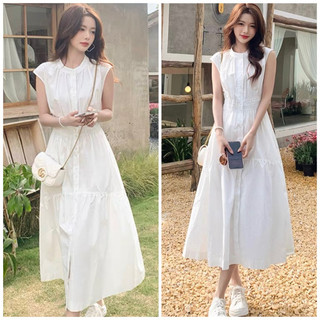 Đầm trắng váy vintage cổ trụ chun eo 3 màu xuongvnxk vnxk (kèm hình thật)