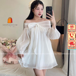  Đầm Nữ Babydoll Dáng Ngắn Phối Trễ Vai Nơ To Tay Dài Bồng Siêu Xinh Mẫu Hot 2024 Phù Hợp mặc Đi Chơi Đi Dạo Phố Shopquac 