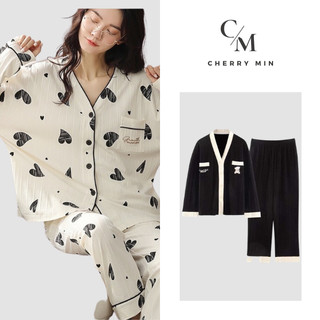 [Video Thật] Bộ đồ ngủ cotton nữ dài tay cardigan phong cách Hàn Quốc, bộ đồ thu đông mặc ở nhà CHERRY MIN