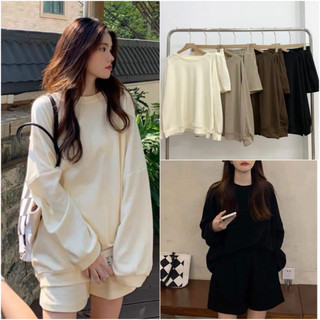 Set Bộ Áo Nỉ Cổ Tròn Tay Dài Kèm Quần Đùi Form Rộng Nhiều Màu, Labibi