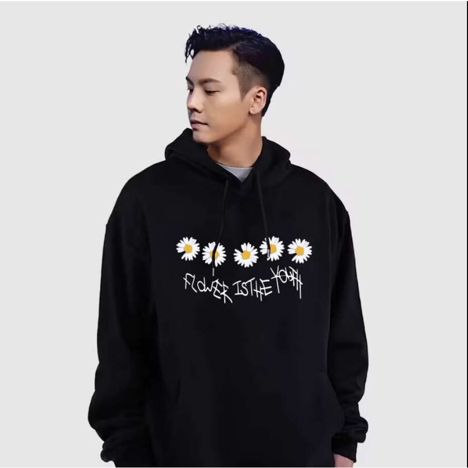 Ao Nỉ Hoodie Nam Nữ Mũ Hai Lớp Phối Họa Tiết Hoa Cúc Phong Cách Trẻ Trung Nhẹ Nhàng, Chất Liệu Nỉ Ng
