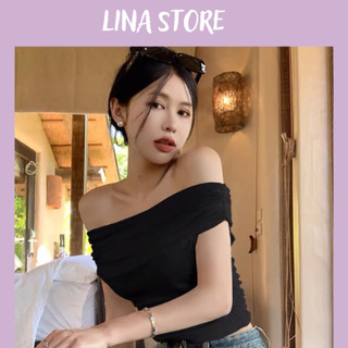 LinaStore.vn Áo thun tăm ngắn tay trễ vai 2 màu áo trễ vai len tăm