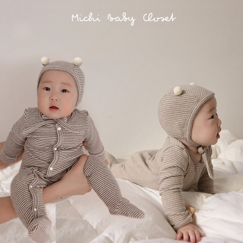 Body liền thân body liền tất cho bé họa tiết gấu kẻ tặng kèm mũ cục bông dễ thương MICHI Closet