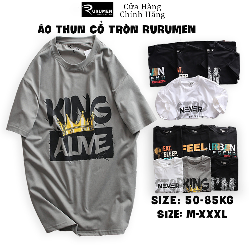 Áo Thun Nam Cổ Tròn RURUMEN Màu Xám In Chữ King Alne VNXK Big Size