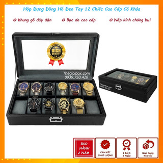 Hộp Để Đồng Hồ 12 Ngăn [Có Khóa] Vỏ Da Cao Cấp Màu Đen - Hộp Đồng Hồ 12 Chiếc Nắp Kính Nội Thất Nỉ Nhung Xám Ghi- BH 12T
