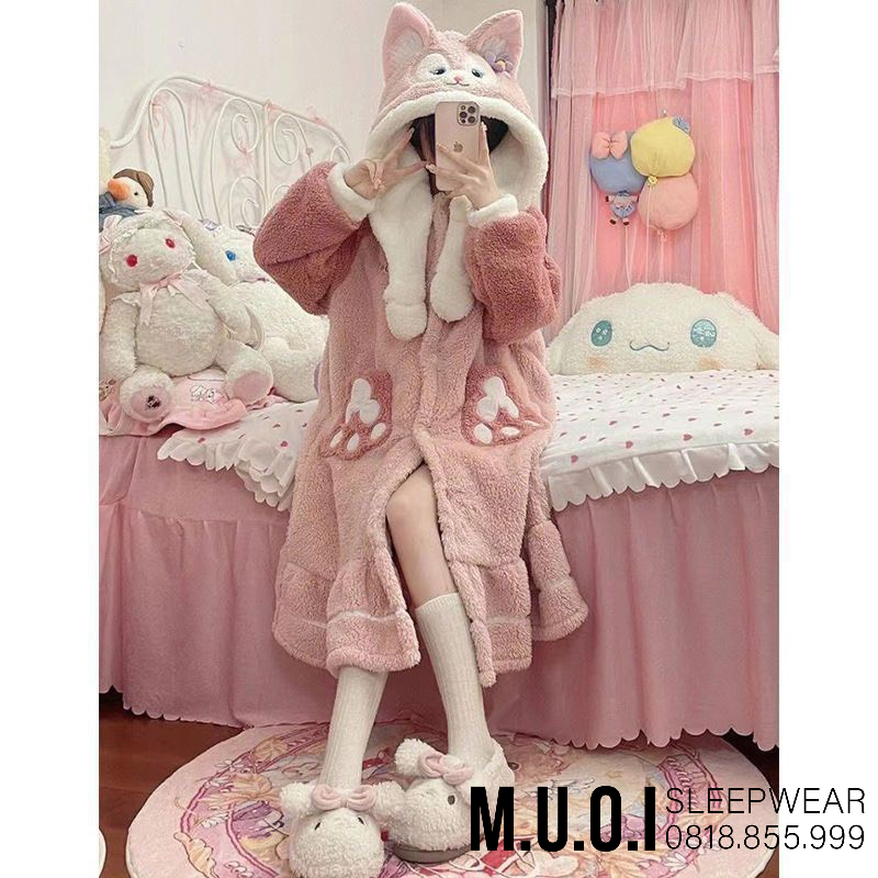 FREESHIP - Váy ngủ bông lông cừu tai thỏ thắt khăn ulzzang Hàn Quốc Sx 322 - Hàng có sẵn ship ngay