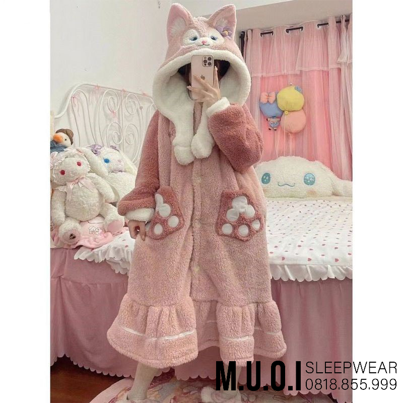 FREESHIP - Váy ngủ bông lông cừu tai thỏ thắt khăn ulzzang Hàn Quốc Sx 322 - Hàng có sẵn ship ngay