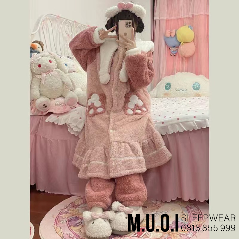 FREESHIP - Váy ngủ bông lông cừu tai thỏ thắt khăn ulzzang Hàn Quốc Sx 322 - Hàng có sẵn ship ngay