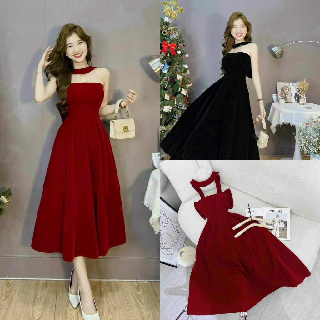 Đầm Nữ đi tiệc, đi chơi dáng xòe quấn cổ xinh xắn dự tiệc sang trọng