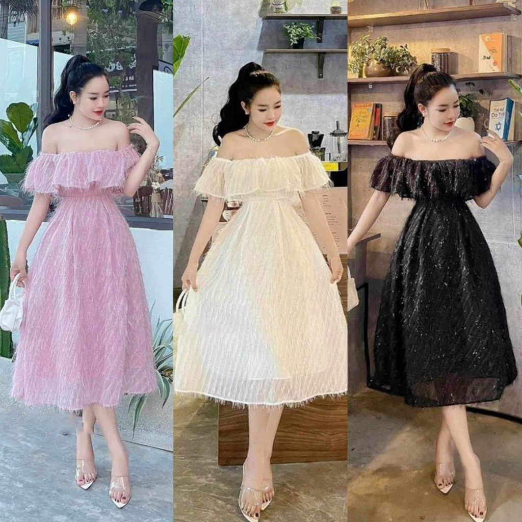 Đầm nữ lông vũ trễ vai bèo ngực sang trọng quyến rũ thích hợp đi tiệc