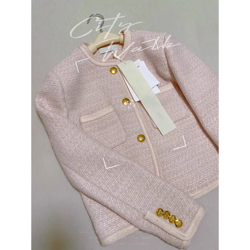 - Áo khoác dạ Tweed cổ tròn màu hồng phong cách Pháp