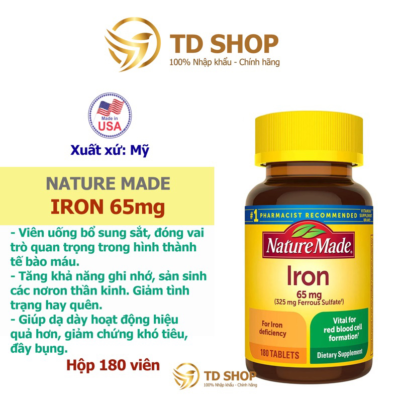 Viên uống Iron 65mg Nature Made 365 viên của Mỹ bổ sung sắt, bổ máu, tăng cường hệ miễn dịch - TD Shop