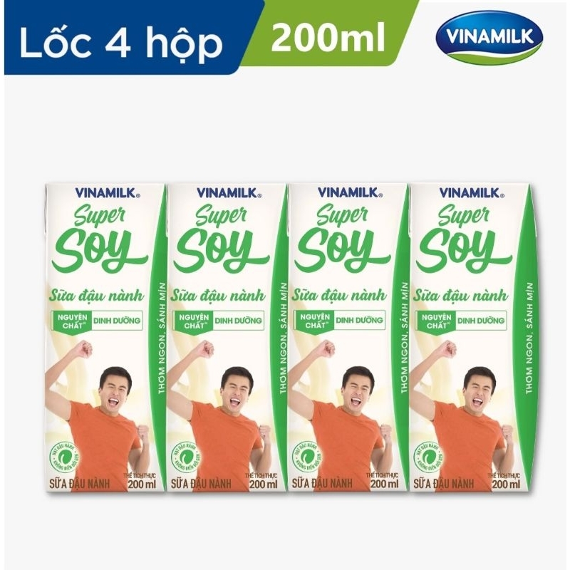 Combo 3v-Sữa đậu nành Vinamilk Super Soy Nguyên chất - Lốc 4 hộp x 200ml