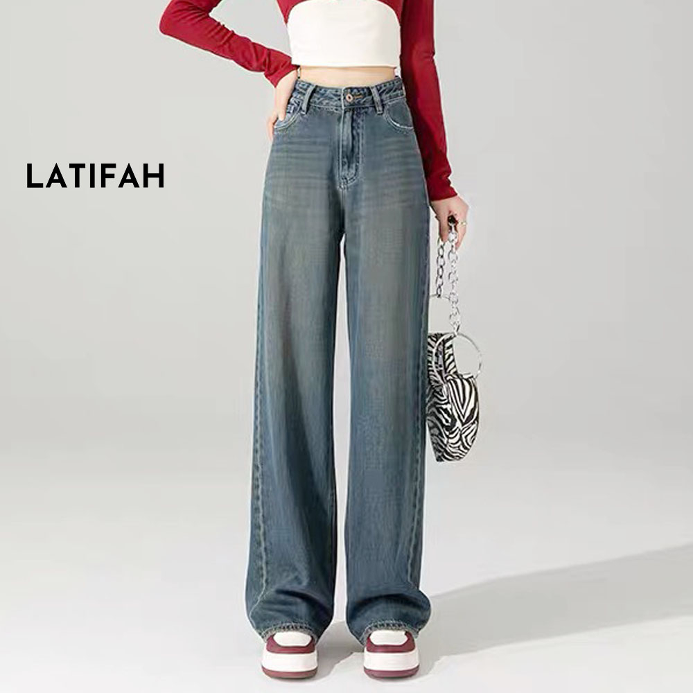 Quần baggy jeans nữ LATIFAH ống rộng túi sau rách dài 98cm QD027