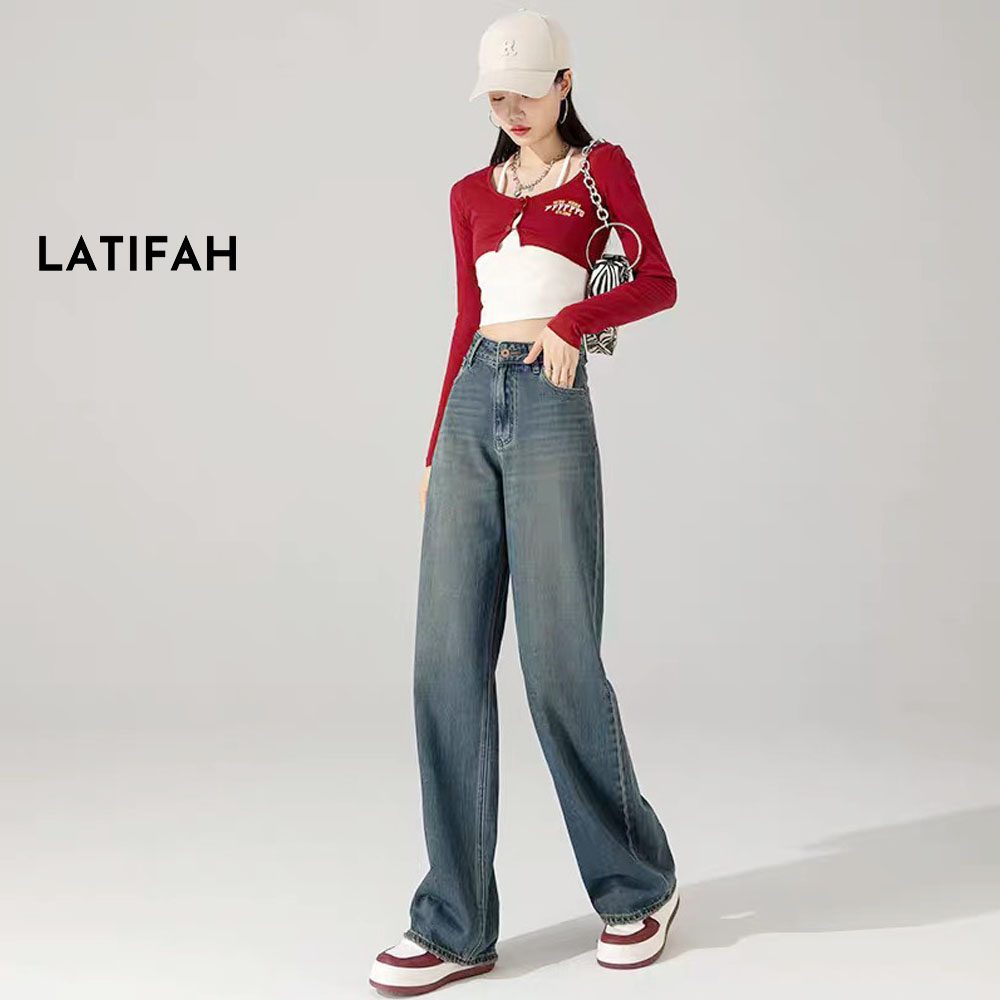 Quần baggy jeans nữ LATIFAH ống rộng túi sau rách dài 98cm QD027