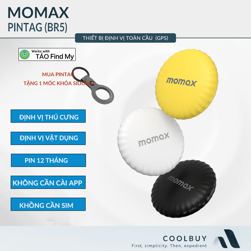 Thiết Bị Định Vị GPS Momax PINTAG (BR5) Không Cần Sim Giúp Định Vị Xe Máy - Trẻ Em -Thú Cưng -Vật Dụng Pin Dùng 365 Ngày