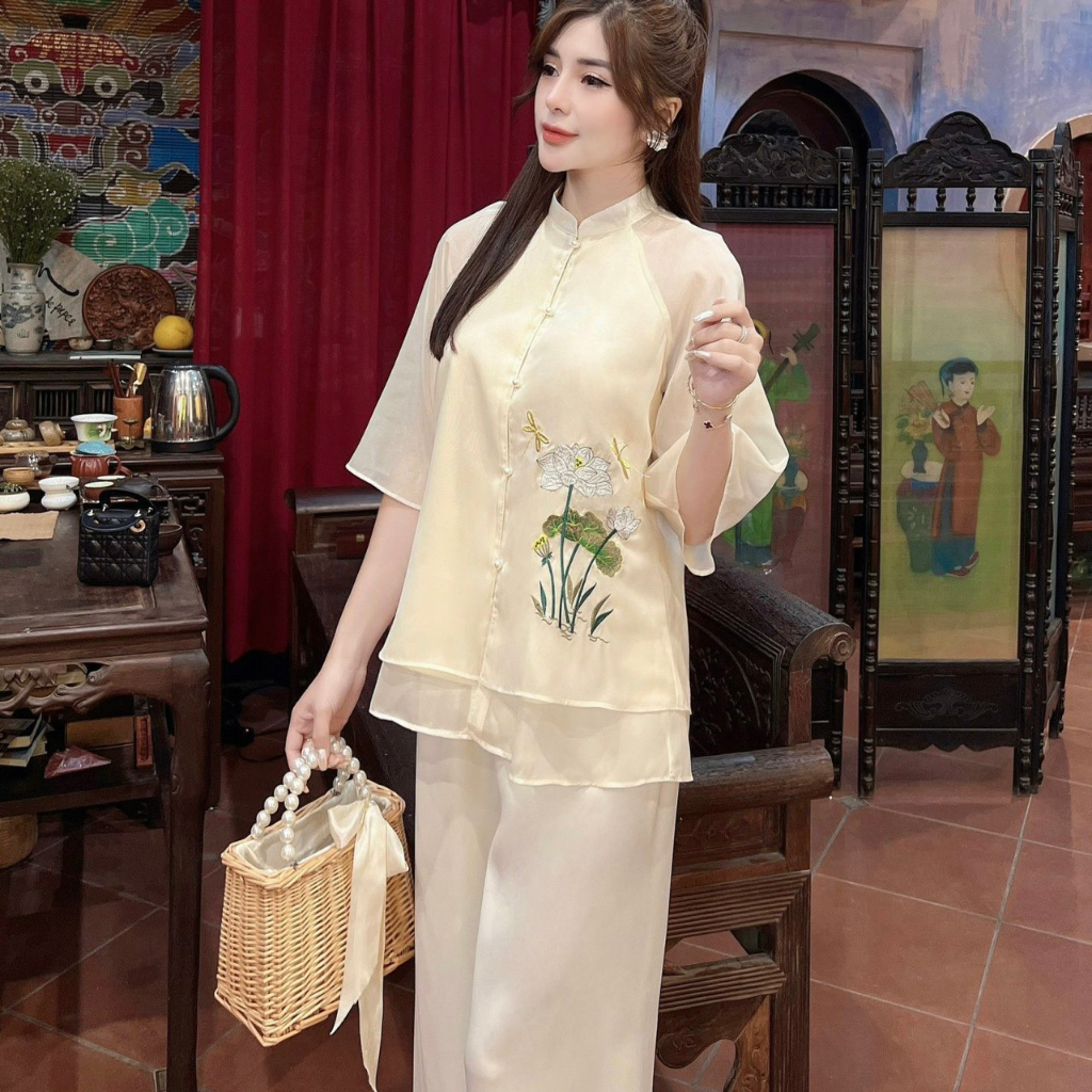 Bộ quần áo đi chùa Ngọc Liên chất liệu voan tơ 2 lớp, Đồ lam đi chùa dáng xòe tiểu thư thanh lịch