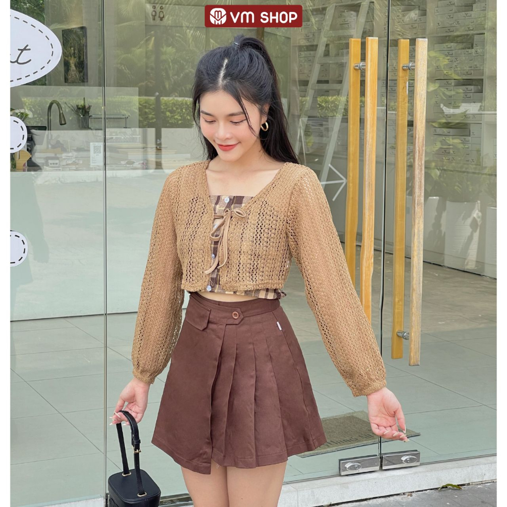Set áo 2 dây nữ VM Shop kiểu caro kèm khoác len ngoài dạng lưới thời trang  977 ASU00435