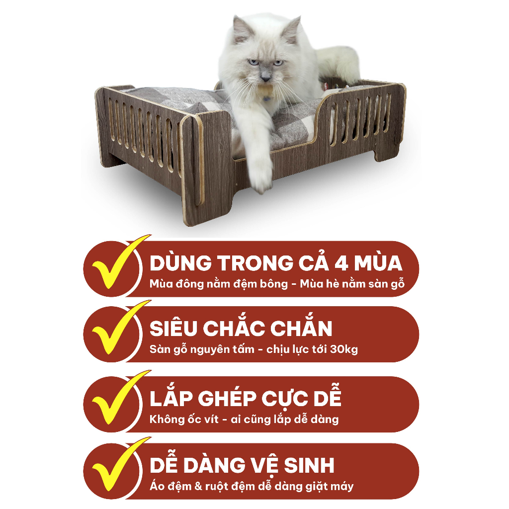 Giường chó mèo nằm 4 mùa sàn gỗ kèm đệm kích thước 45*65 cm BLUE - Giường Donal