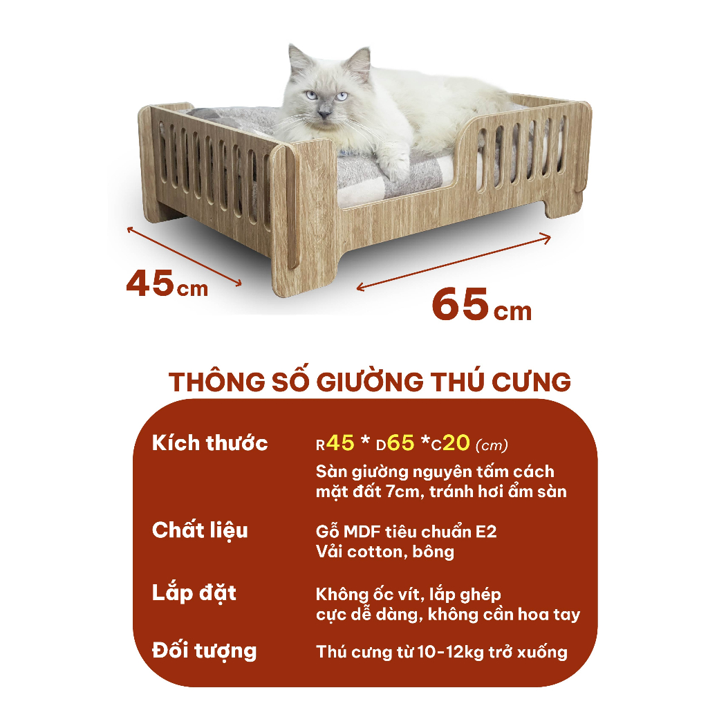 Giường chó mèo nằm 4 mùa sàn gỗ kèm đệm kích thước 45*65 cm BLUE - Giường Donal