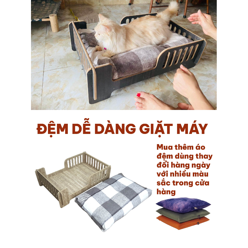 Giường chó mèo nằm 4 mùa sàn gỗ kèm đệm kích thước 45*65 cm BLUE - Giường Donal