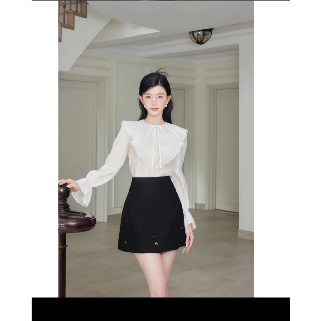 Set Áo Sơmi Tơ Cổ Bèo Mix Chân Váy Tiểu Thư - Hannie Store