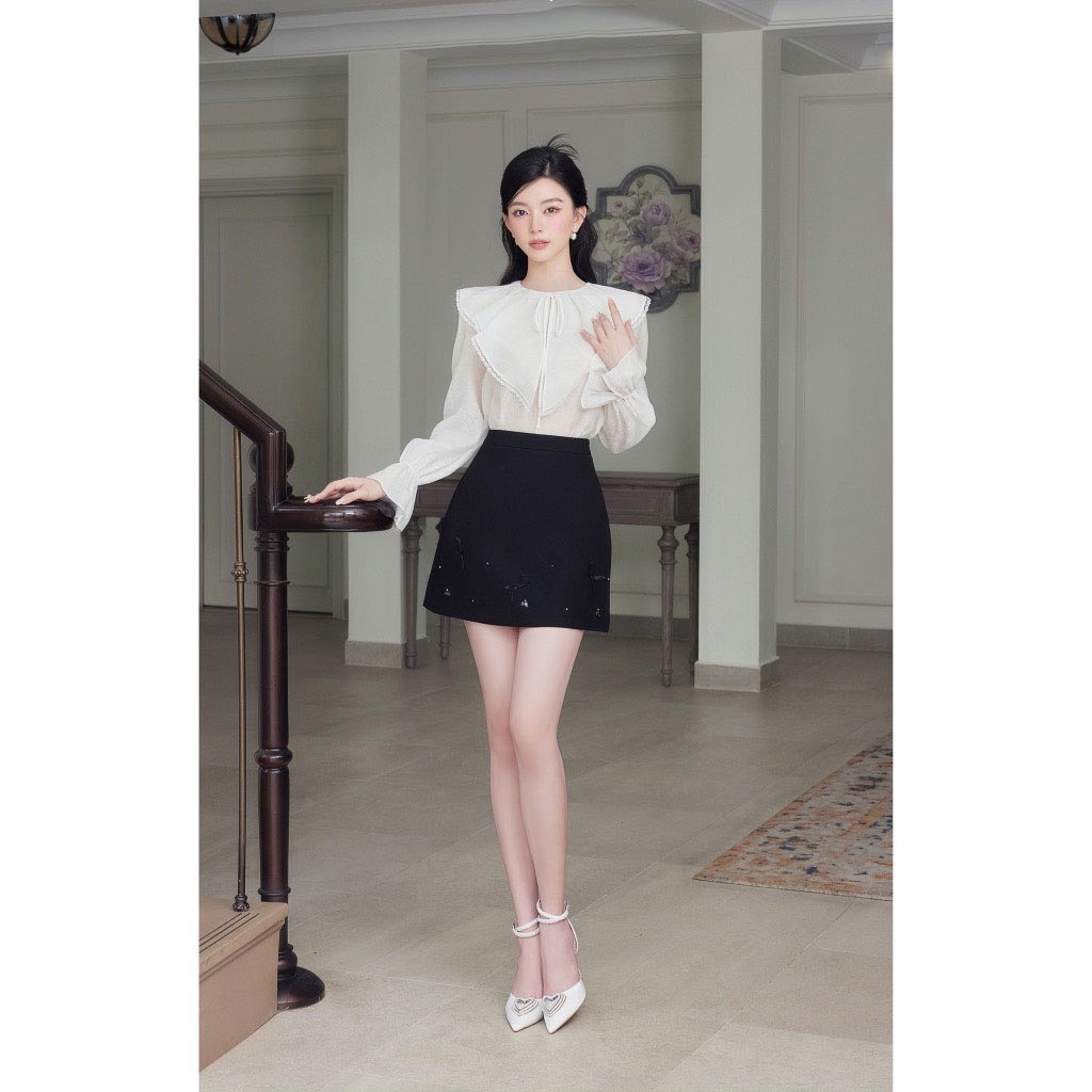 Set Áo Sơmi Tơ Cổ Bèo Mix Chân Váy Tiểu Thư - Hannie Store