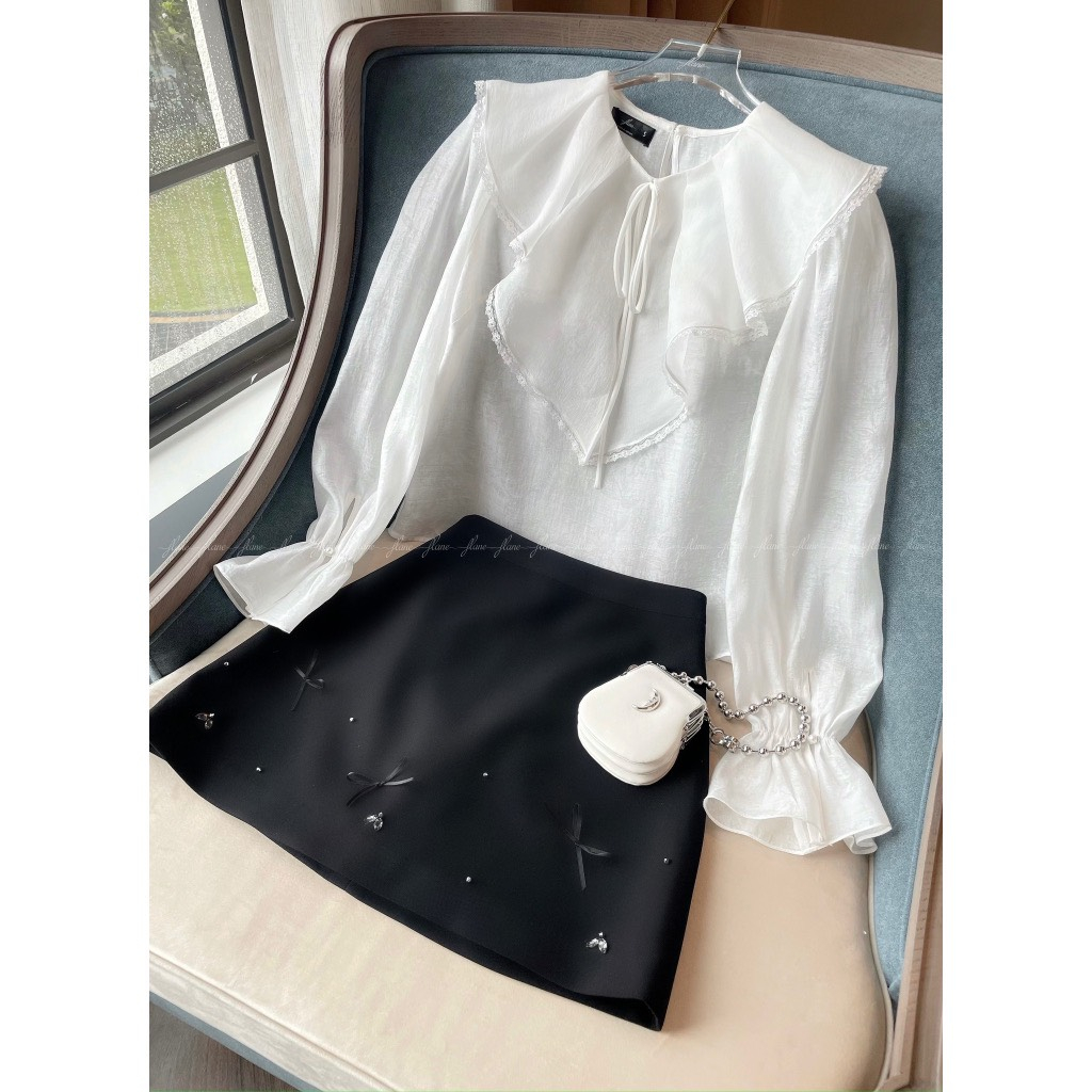 Set Áo Sơmi Tơ Cổ Bèo Mix Chân Váy Tiểu Thư - Hannie Store