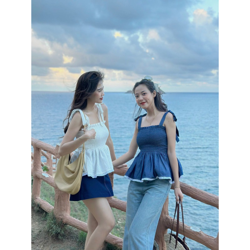 Áo Kiểu - 1950 - 2 Dây Cột Nơ - Nhún - Lai Viền Ren