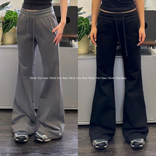   sẵn  Quần ống loe nữ chất nỉ dày dặn cạp ngắn chun màu trơn ghi và đen dành cho thu đông QOLN001 - Tiktik 