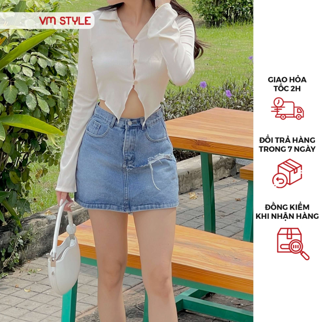 Chân váy jean denim nữ VMSTYLE ngắn cạp cao rách hông kiểu lai thường cá tính - CVJ00052