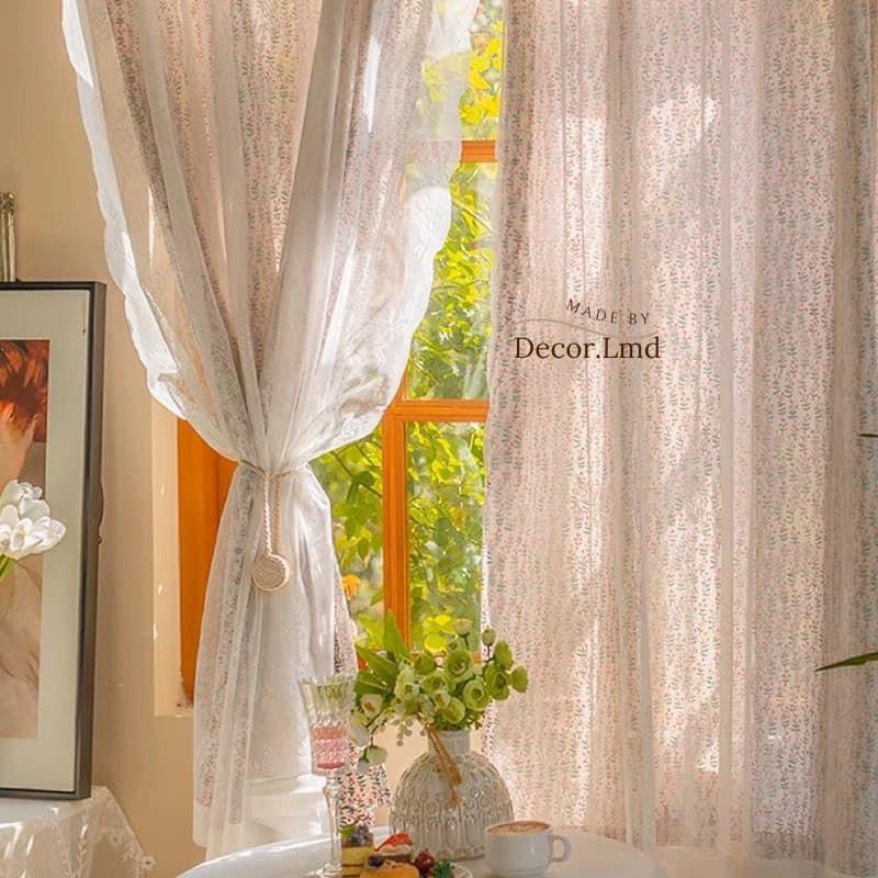 Rèm cửa sổ nhún bèo vải 2 lớp hoa cherry dọc vintage phối ren rèm vải hoa xinh xắn trang trí  decor 