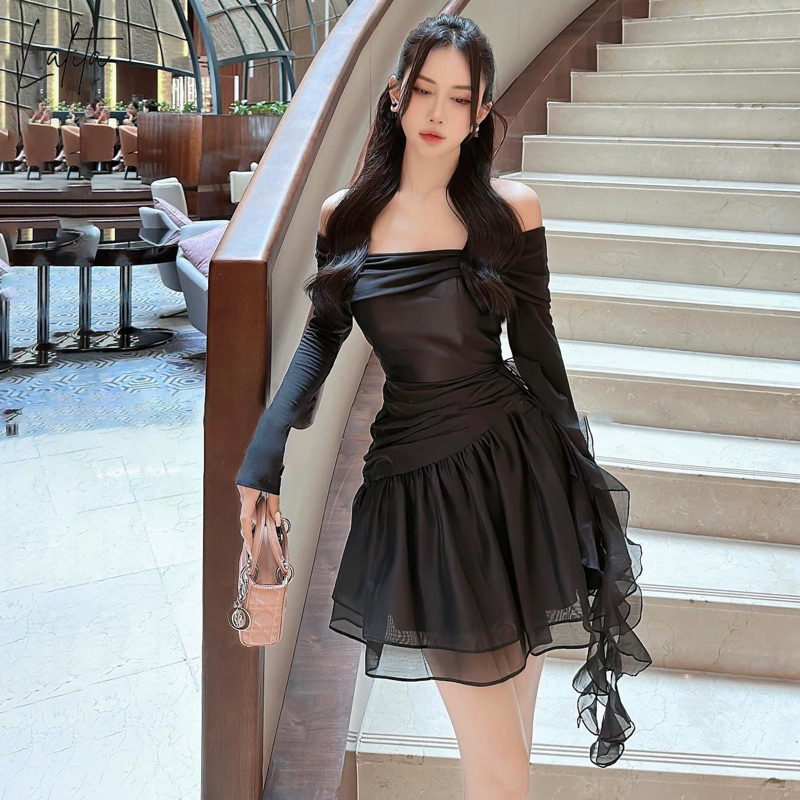 Vây trễ vai phối voan xoè tay dài có bigsize Lalita mã V40