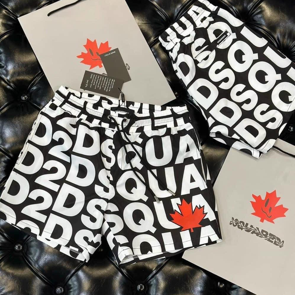 Quần Short DSQ2 Hoạ Tiết Chữ Monogram Hình Lá Phong Đỏ Cạp Chun - Quần Đùi Boy Phố Trend Năm Nay - bich_shop1807 QG010