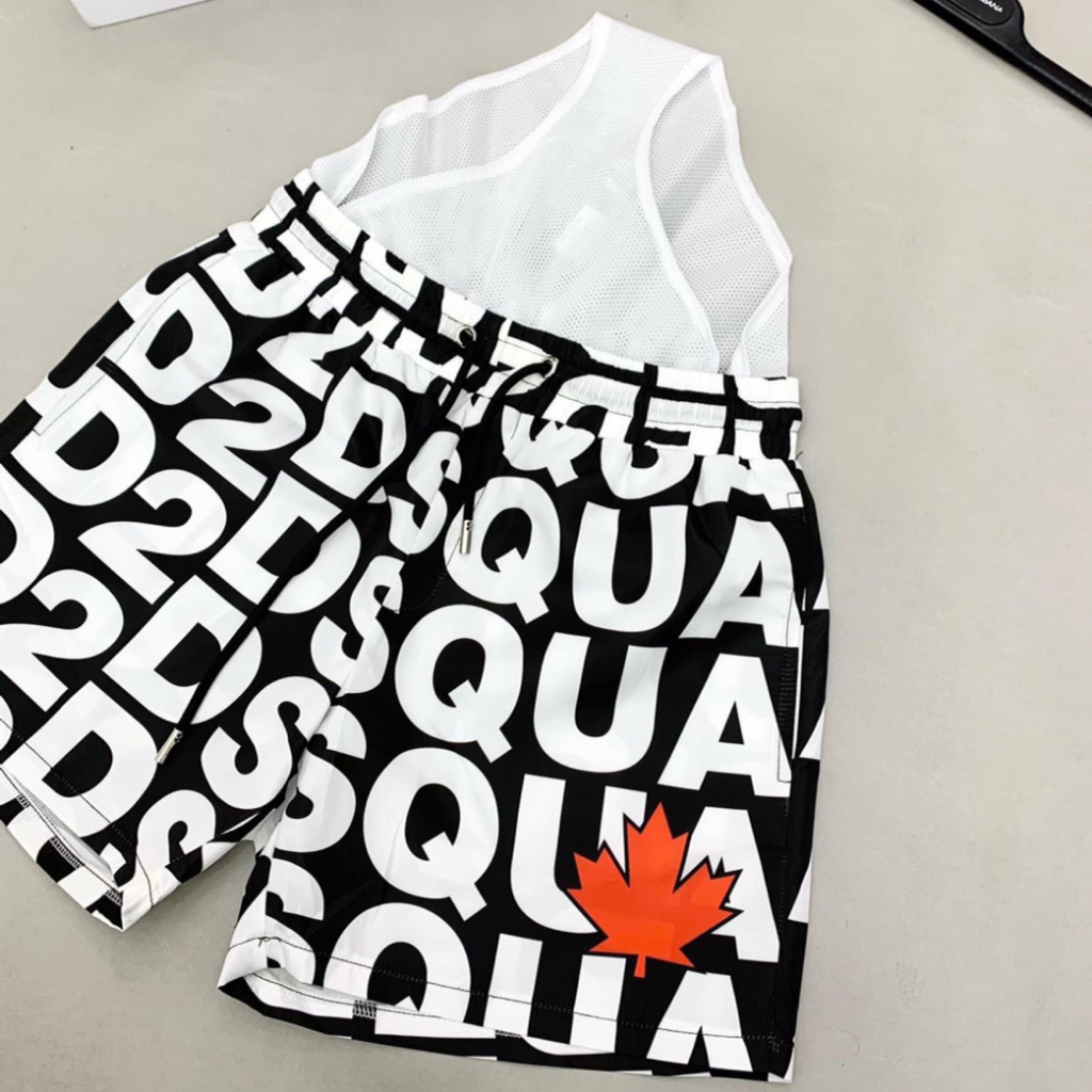 Quần Short DSQ2 Hoạ Tiết Chữ Monogram Hình Lá Phong Đỏ Cạp Chun - Quần Đùi Boy Phố Trend Năm Nay - bich_shop1807 QG010