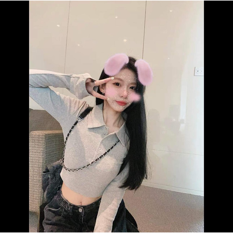 Áo Croptop Nữ Trơn Dài Tay Cổ Polo Cúc Bấm, Áo Thun Dài Tay Ôm Body Chất Tăm Gân Co Giãn Basic 3 màu ĐEN/ XÁM/ TRẮNG