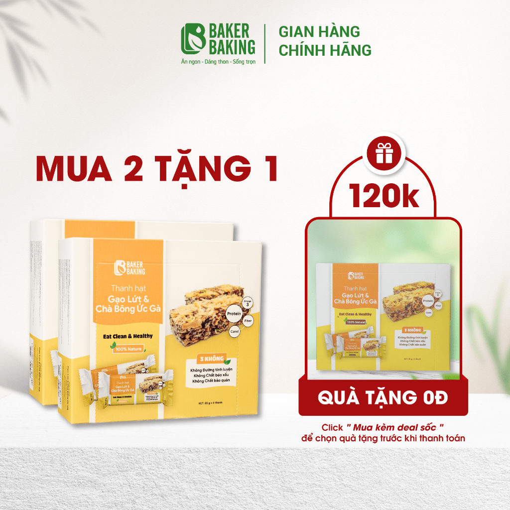 Thanh gạo lứt chà bông ức gà Baker Baking 70% hạt, 30% gạo lứt, Ngũ cốc hỗ trợ người ăn kiêng, tập luyện, giảm cân