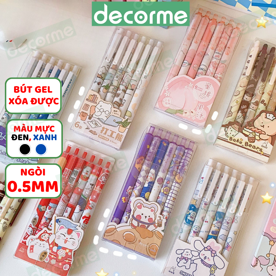 Hộp 6 Bút Gel Xóa Được mực Đen Xanh Decorme Bút bi bấm xóa được ngòi 0.5mm nhiều hình dễ thương