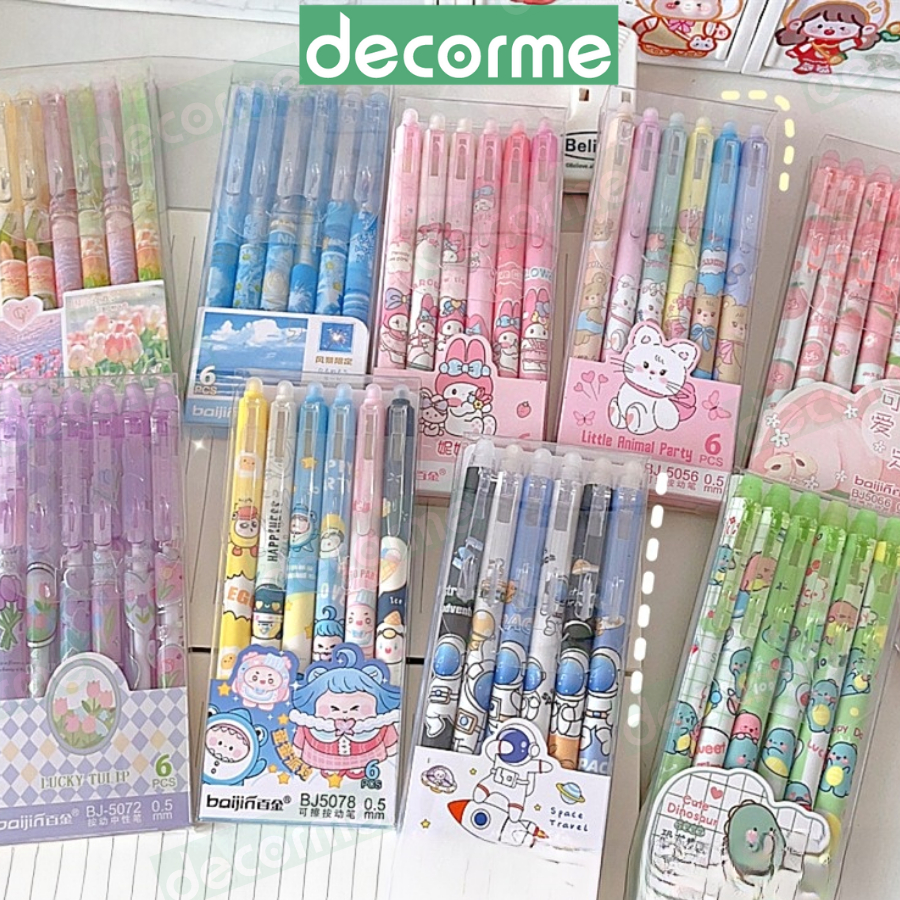 Hộp 6 Bút Gel Xóa Được mực Đen Xanh Decorme Bút bi bấm xóa được ngòi 0.5mm nhiều hình dễ thương
