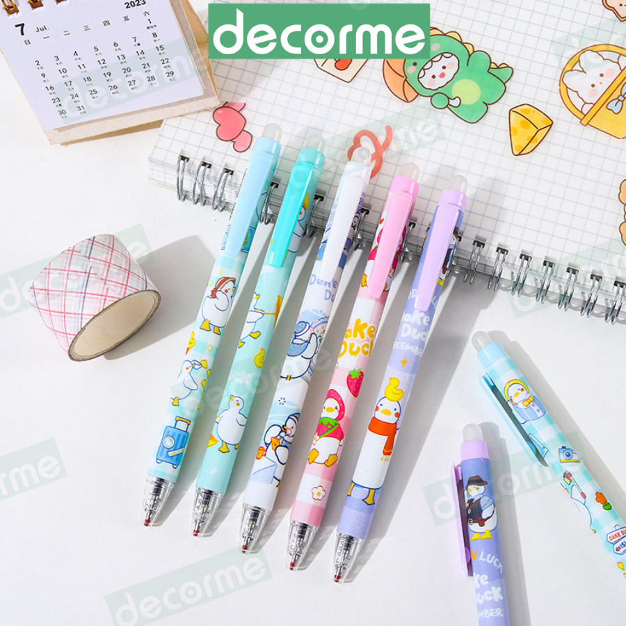 Hộp 6 Bút Gel Xóa Được mực Đen Xanh Decorme Bút bi bấm xóa được ngòi 0.5mm nhiều hình dễ thương