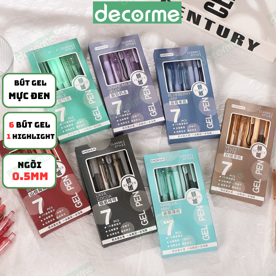 Hộp 6 bút gel mực đen Decorme bút bấm ST tone pastel ngòi 0,5m họa tiết kẻ caro nhiều màu