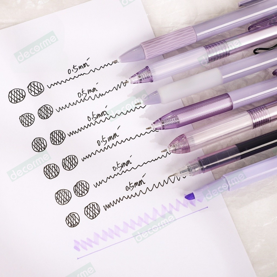 Hộp 6 bút gel mực đen Decorme bút bấm ST tone pastel ngòi 0,5m họa tiết kẻ caro nhiều màu