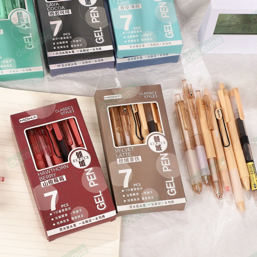 Hộp 6 bút gel mực đen Decorme bút bấm ST tone pastel ngòi 0,5m họa tiết kẻ caro nhiều màu