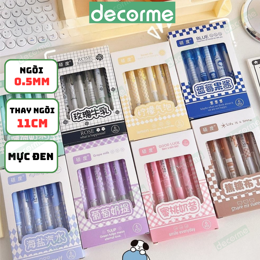 Hộp 6 bút gel mực đen Decorme bút bấm ST tone pastel ngòi 0,5m họa tiết kẻ caro nhiều màu