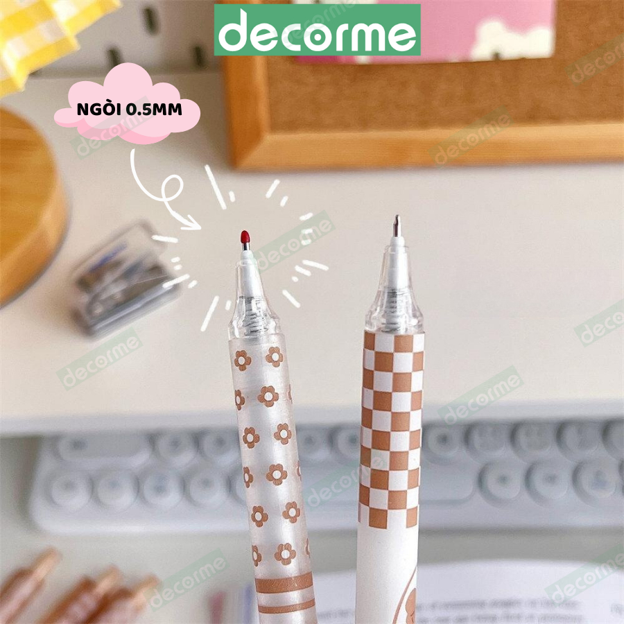 Hộp 6 bút gel mực đen Decorme bút bấm ST tone pastel ngòi 0,5m họa tiết kẻ caro nhiều màu