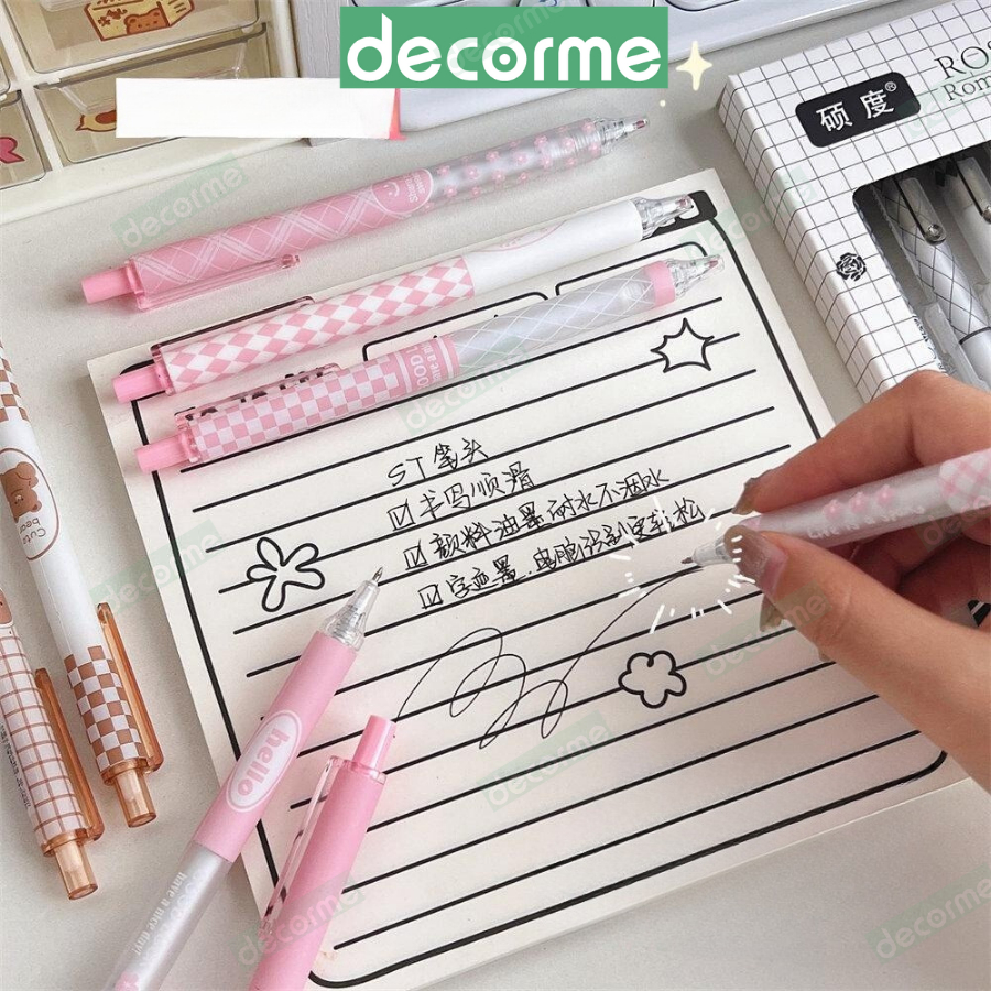 Hộp 6 bút gel mực đen Decorme bút bấm ST tone pastel ngòi 0,5m họa tiết kẻ caro nhiều màu