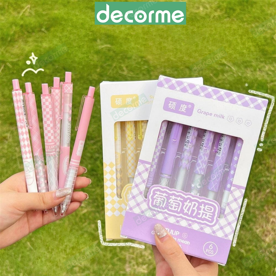 Hộp 6 bút gel mực đen Decorme bút bấm ST tone pastel ngòi 0,5m họa tiết kẻ caro nhiều màu