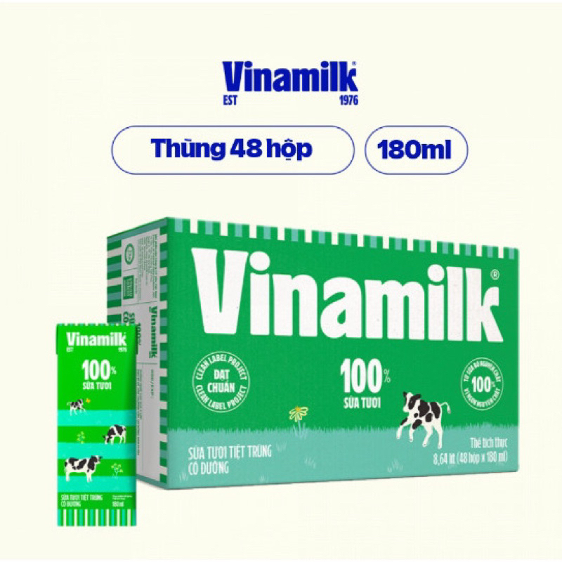 Thùng sữa tươi tiệt trùng 100% Vinamilk (có đường và ít đường ) 48 hộp  180ml