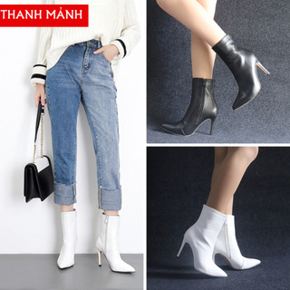 [Mã FATHANG5 giảm 10K đơn 50K] [ size 35- 40 ] Giày boot nữ cổ lửng gót nhọn 10cm ĐƠN  màu TRẮNG/ ĐEN  sành điệu GBN11
