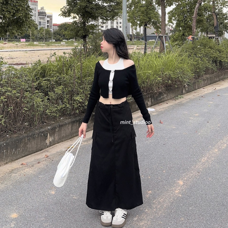 Set Áo Len Lamo Tube Gân Tăm 2 Món Kết Hợp Móc Gài Kim Loại Bạc